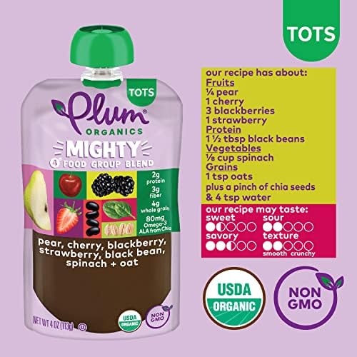 Plum Organics Mighty 4 Organic Toddler Food - Pear, Black Bean, Cherry, Blackberry, Strawberry, Oat, and Spinach - 4 oz Pouch (Pack of 6) - Organic Fruit and Vegetable Toddler Food Pouch