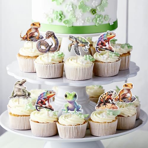 Rsstarxi 40 Pack Cupcake Toppers Crocodile Snake Lizard Turtle Cupcake Picks Decorations for Kids Birthday Reptile Party Cake Decorations