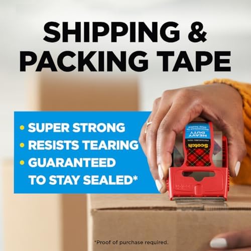 Scotch Heavy Duty Shipping Packing Tape, Clear, Shipping and Packaging Supplies, 1.88 in. x 27.7 yd., 1 Tape Roll with Dispenser