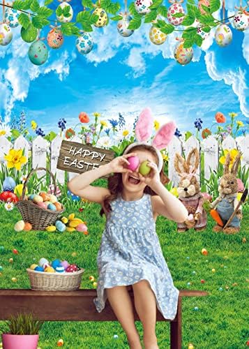 Happy Easter Backdrop Eggs Bunny Spring Garden Photography Background 5x7ft Rabbits Flowers Easter Party Decoration Banner Supplies