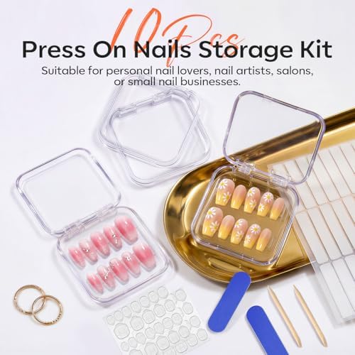 modelones 10pcs Press On Nail Storage Case Clear Acrylic Fake Nails Packaging Box with 30pcs Adhesive Double Sided Tape & 10pcs Nail Tool Kits Nail Supplies Container Transparent for Nail Salon DIY