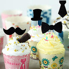 "Honbay 24PCS Black Bowtie Mustache Hat Neckcloth Cupcake Toppers Cake Toppers Cake Dessert Decoration for Birthday Party, Baby Shower, or Other Themed Party - 4 Styles"