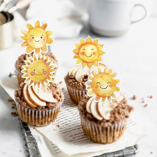 Rsstarxi 36 Pack Sun Cupcake Toppers - Sun Flower Smiley Sunshine Cupcake Picks Decorations for Summer Theme Baby Shower Birthday Party Cake Decorations