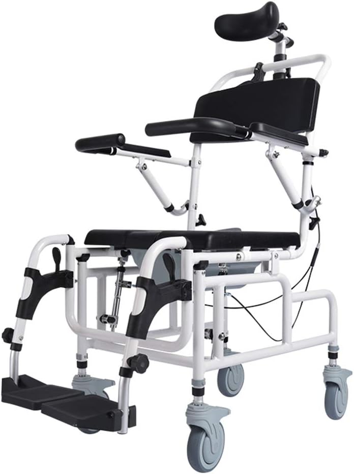 Tilt Shower Commode Chair Personal Mobility Assist Toilet Commode Wheelchair Transport Rolling Chair Waterproof with Padded Flip-up Arm and Foot Rests Adjustable Headrest (with Headrest)