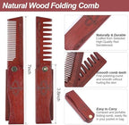 2 In 1 Folding Pocket Comb - Wooden Beard & Hair Styling Tool for Men, Fine Tooth & Wide Tooth Small Comb for Grooming Hair, Beards and Mustache, 180° Rotatable for Outdoor Travel & Home Use