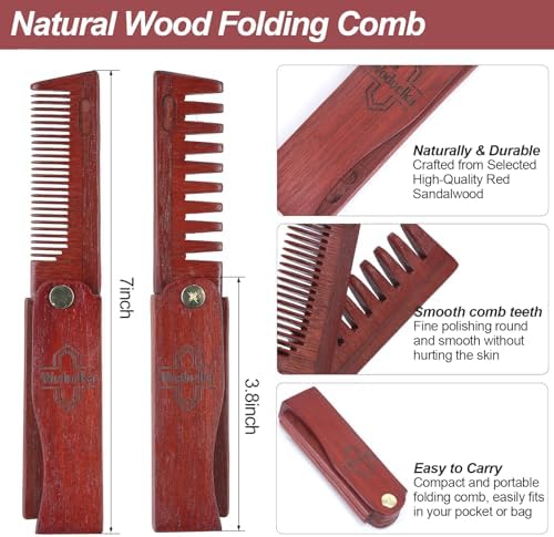 2 In 1 Folding Pocket Comb - Wooden Beard & Hair Styling Tool for Men, Fine Tooth & Wide Tooth Small Comb for Grooming Hair, Beards and Mustache, 180° Rotatable for Outdoor Travel & Home Use