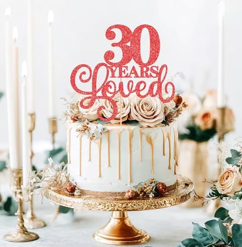 30 Years Loved Cake Topper - Red Glitter 30th Birthday & Anniversary Cake Decoration for Women Men Party Supplies, Photo Booth Props
