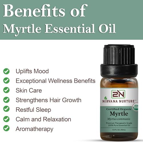 Myrtle Essential Oil, USDA Certified Organic, 100% Pure Undiluted, Aromatherapy Oil for Diffuser, Hair & Skin Care