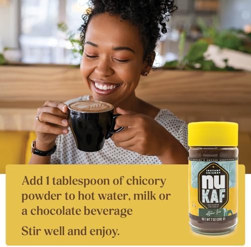 nuKAF By Gourmanity Instant Chicory Coffee Alternative, Brews Like Regular Coffee, All Natural 100% Chicory Root Powder, Great for Your Daily Drink, Rich in Prebiotics, Kosher, 7oz jar