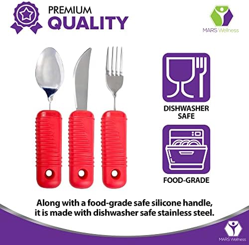3 Piece Super Easy Grip Red Flatware Set - Bendable Built Up Large Fork, Knife, and Spoon - Red