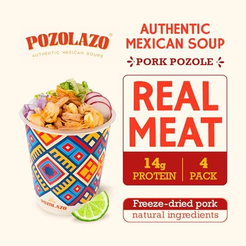 POZOLAZO | Mexican Pork Pozole Soup 4-Pack - Freeze-Dried - Traditional Mexican Flavor With Real Pork Meet, Hominy & Authentic Seasonings - Ready in Minutes - Mexican Food
