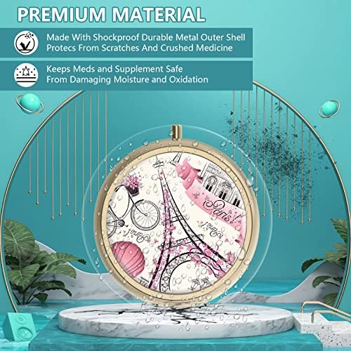 Pill Case Pill Box with Mirror Retro 3 Compartment Small Pill Case for Purse or Pocket Bronze Small Roud Pill Box or Vitamins, Fish Oil, Supplements, Pill Containe Travel Gifts（Paris Eiffel Tower）