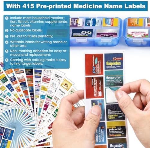 14 Grids Travel Pill Organizer Box with 415-Pcs Medicine Name Labels - Pocket Daily Pharmacy Case Container Kit - Travel Medication Holder Dispenser for Fish Oil Vitamin Supplement Storage -Clear Blue