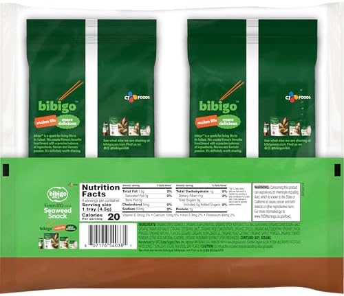 Bibigo Organic Korean BBQ Flavored Seaweed Snacks, 4 Individual Packets, 0.16 Ounce (Pack of 4)