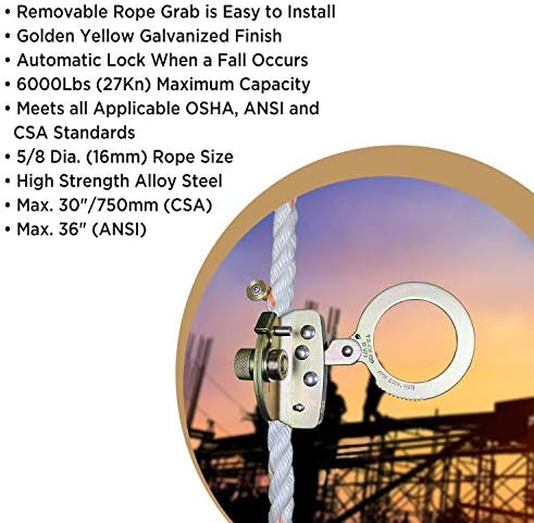 AFP Self-Locking Rope Grab with 2.25 inch Connecting Eye, used with 5/8’’ Lifeline Rope, For Construction, Climbing, Fall-Protection, 310 lb. Capacity (OSHA/ANSI Compliant)