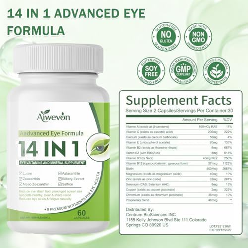 14 in 1 Eye Vitamins Supplement for Vision & Eye Health – Lutein and Zeaxanthin Macular Support Formula for Clear Vision – Eye Supplements for Adults & Seniors, 60 Capsules