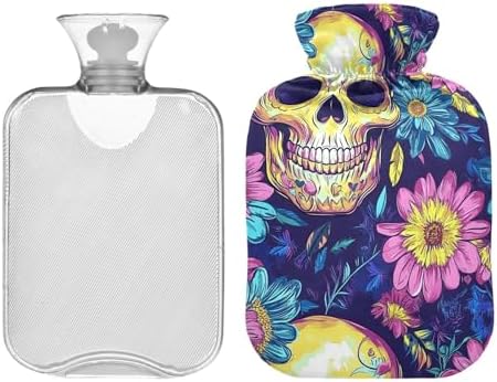 Flower Skull Colorful Travel hot Water Bottle with Soft Cover, 2L Warmer Bag for Hot and Cold Therapies,Hot and Cold Therapies,Bolsa Caliente para Dolores musculares