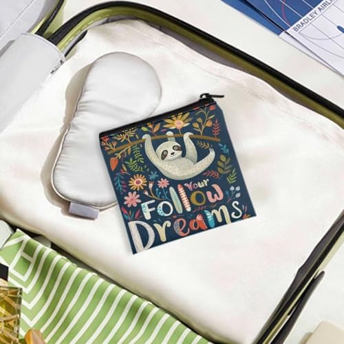Follow Dreams Sloth Sanitary Pad Storage Bag, Cute Sanitary Napkin Storage Purses Portable Period Bags Pouch for Girls Women Travel