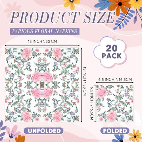 Crtiin 20 Pack Decoupage Napkins Floral Napkins Flower Cocktail Paper Decorative Toilet for Valentine's Day Birthday Party Beautiful Gorgeous, 20 Styles Each 6.5 Inches(Style 9)