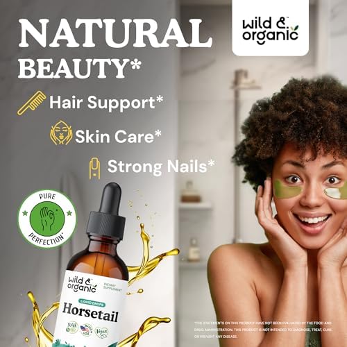 Wild & Organic Horsetail Extract Drops - Hair Skin Nails Support - Liquid Horsetail Supplement - Herb Powder Based Tincture - Vegan, Sugar & Alcohol-Free - 2 fl oz