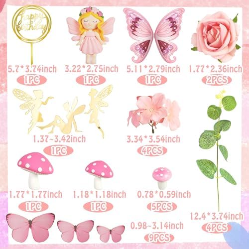 Fairy Cake Toppers Pink Mushroom Flowers Butterfly Cake Decorations for Fairy Spring Garden Birthday Supplies