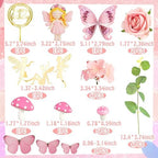 Fairy Cake Toppers Pink Mushroom Flowers Butterfly Cake Decorations for Fairy Spring Garden Birthday Supplies