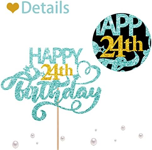 Sky Blue Glitter Happy 24th Birthday Cake Topper, 1 x 6.3" x 3.5" Cardboard & Wood, Perfect for Birthday Parties