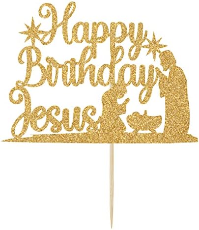 Happy Birthday Jesus Cake Topper, Jesus is Reason Cake Decor, Jesus Birthday Christmas Party Decorations Supplies Gold Glitter