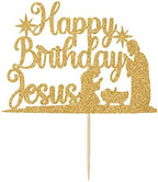 Happy Birthday Jesus Cake Topper, Jesus is Reason Cake Decor, Jesus Birthday Christmas Party Decorations Supplies Gold Glitter