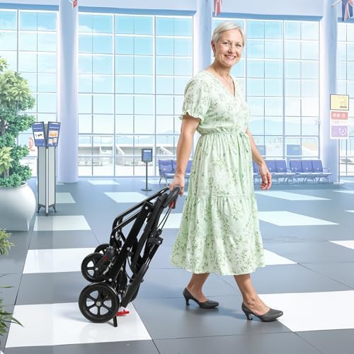 18 Inch Wide Portable Foldable Wheelchair for Adults, Lightweight Aluminum Alloy Transport Chair with Ergonomic Handbrake & Adjustable Seat Belt, Travel/Airplane/Car-Friendly Mobility Aid Black