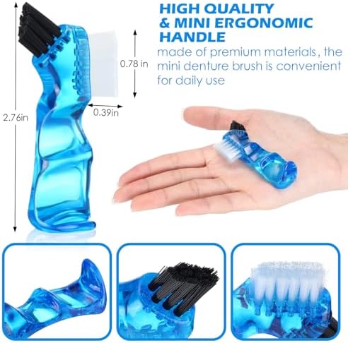Tioncy 10 Pcs Small Portable Denture Brushes Double Sided Mini Denture Cleaning Toothbrush for False Teeth with Multi-Layered Bristles and Blue Handle for False Teeth Hygiene Cleaning Care