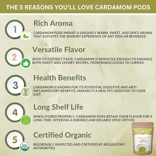 SPICY ORGANIC Green Cardamom Pods – 2 oz - Whole Cardamon Seeds for Authentic Spice Flavor, Natural Cardamon Pod for Tea, Cooking, and Baking- USDA Certified Organic, Gluten-Free, Non-GMO and Kosher