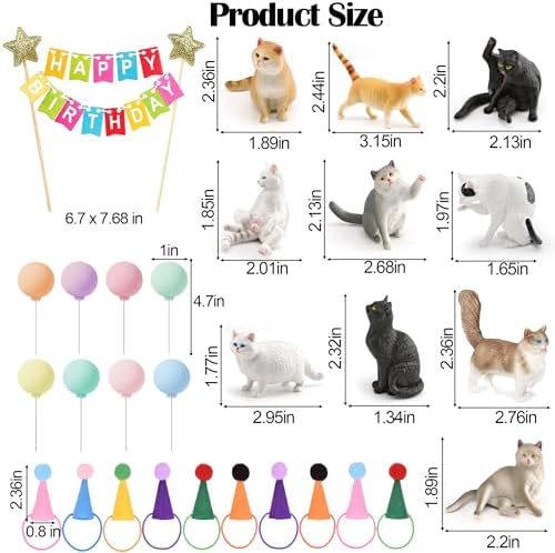 31PCS Realistic Cat Cake Toppers Set, 10 Hand-Painted Miniature Cat Figurines with Birthday Banner, Balloons, Party Hats, Perfect for Cat Themed Birthday Party, Baby Shower, Home Decor for Cat Lovers
