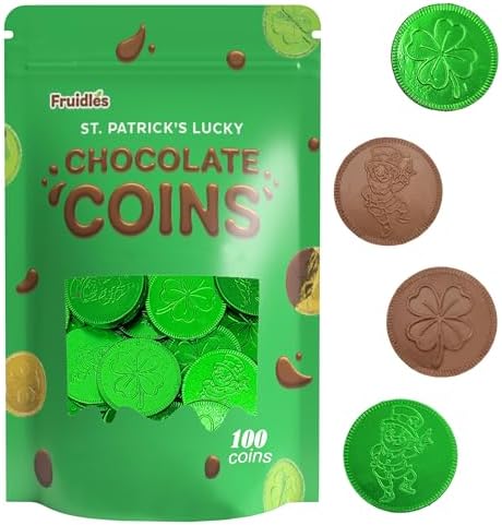 St. Patrick's Day 100 Coins Shamrock & Leprechaun Milk Chocolate Green Coins, Themed Parties, Events and Celebrations, Perfect for Gift Bags and Festive Decorations, 4.5g Milk Chocolate Coin