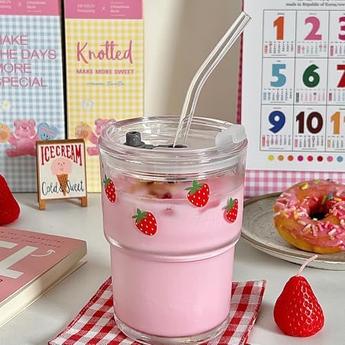 Olvini 13oz Glass Tumbler with Straw and Lid, Reusable Iced Coffee Cup Tumbler, Cute Glass Cups for Water, Matcha, Travel Coffee Mugs (Strawberry - 13oz)