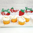 24 Pack Strawberry One Cupcake Toppers Strawberry Sweet One Cupcake Picks for Birthday Wedding Party Baby Shower Summer Garden Party Decoration Supplies Green