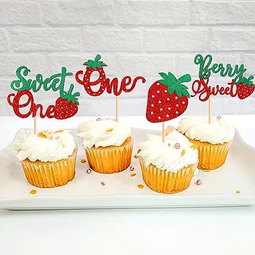 24 Pack Strawberry One Cupcake Toppers Strawberry Sweet One Cupcake Picks for Birthday Wedding Party Baby Shower Summer Garden Party Decoration Supplies Green