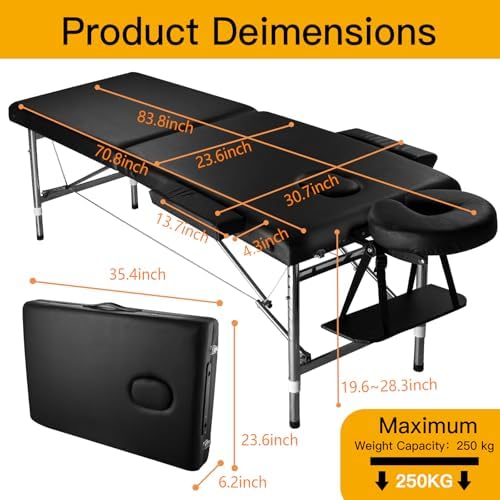 Massage Tables Portable 24" Wide Adjustable Folding Massage Bed, Lightweight Aluminum Esthetician Bed, Tattoo Chair for Client,Tattoo Table for Spa and Beauty Professionals (Black)