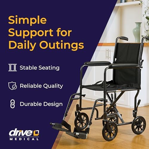 Drive Medical Lightweight Folding Transport Wheelchair - Reliable Mobility Support - Durable Steel Frame - Swing-Away Footrests - Compact Travel Design - Silver