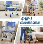 3 in 1 Foldable Rolling Shower Chair with Wheels Drop Arms Adult Chair for Seniors Bedside Commode Anti-Tilt Foldable Footrest Holds Up to 330 Lbs Removable Bucket for Disabled and Pregnant (01)