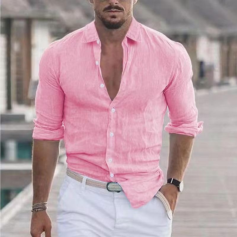 Men's Shirt Cotton Linen Casual Lapel Beach Shirt Long Sleeve Solid Color Holiday Shirt