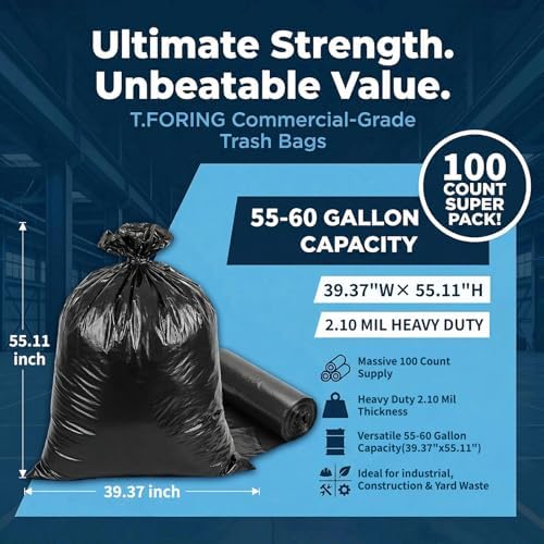 55-60 Gallon Trash Bags Heavy Duty 2.1 Mil - 39''x55'' 100 Count Extra Thick Black Garbage Bags Unscented Strong Huge Can Liners for Construction Industrial Yard Outdoor Commercial