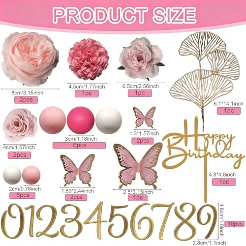 35pcs Flower Cake Toppers Butterfly Cake Decorations Happy Birthday Cake Toppers with Artificial Rose Flowers Gold Ginkgo Leaves for Birthday Wedding Supplies
