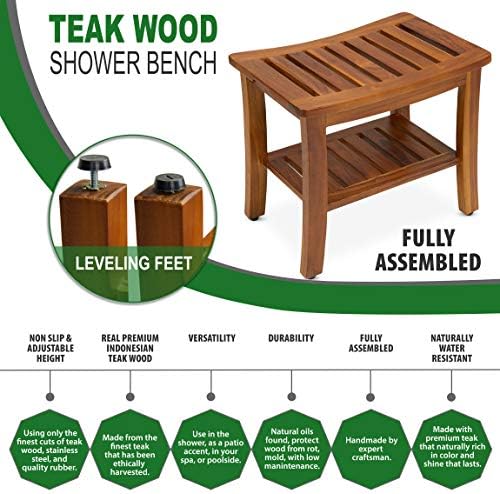 Teak Shower Bench 21 Inch, Fully Assembled Wood Bath Stool for Shower & Spa, The Hermod