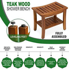 Teak Shower Bench 21 Inch, Fully Assembled Wood Bath Stool for Shower & Spa, The Hermod