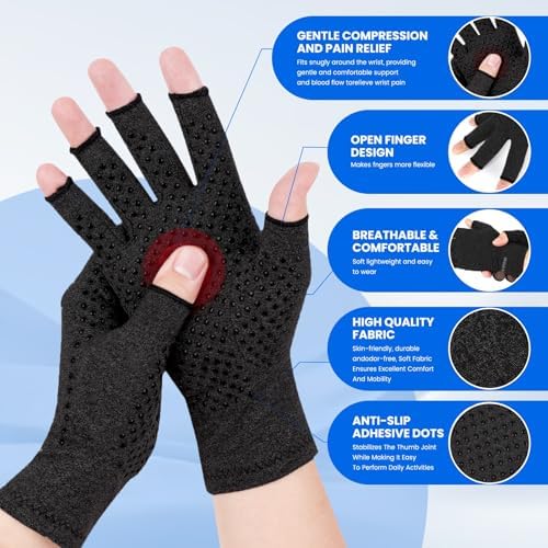 TFUSOM Compression Gloves Arthritis Gloves for Women for Pain,Fingerless Compression Wrap for Hand Pain and Osteoarthritis，Anti-Slip，Unisex,M,Black