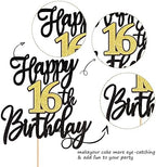 1 PCS Happy 16th Birthday Cake Topper Black Gold Glitter Cheers to 16 Years Birthday Cake Pick 16 Fabulous Cake Decoration for Happy 16th Birthday Anniversary Party Cake Decorations Supplies