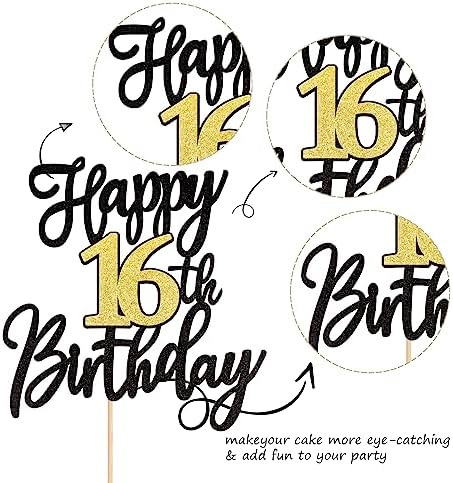 1 PCS Happy 16th Birthday Cake Topper Black Gold Glitter Cheers to 16 Years Birthday Cake Pick 16 Fabulous Cake Decoration for Happy 16th Birthday Anniversary Party Cake Decorations Supplies