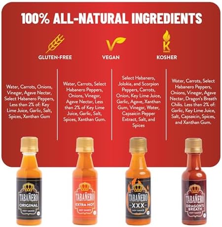 Tabañero Challenge Box, Hot Sauce Gift Set, 4 Pack, Original, Extra, XXX Hot and Dragon's Breath, 1.7 oz Mini Glass Bottles, Gluten Free, All Natural, Low Sodium, Vegan, Kosher, Made in the USA