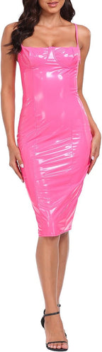 HDE Women's Latex Midi Bodycon Dress Vinyl Faux Leather Sexy Balconette Dresses